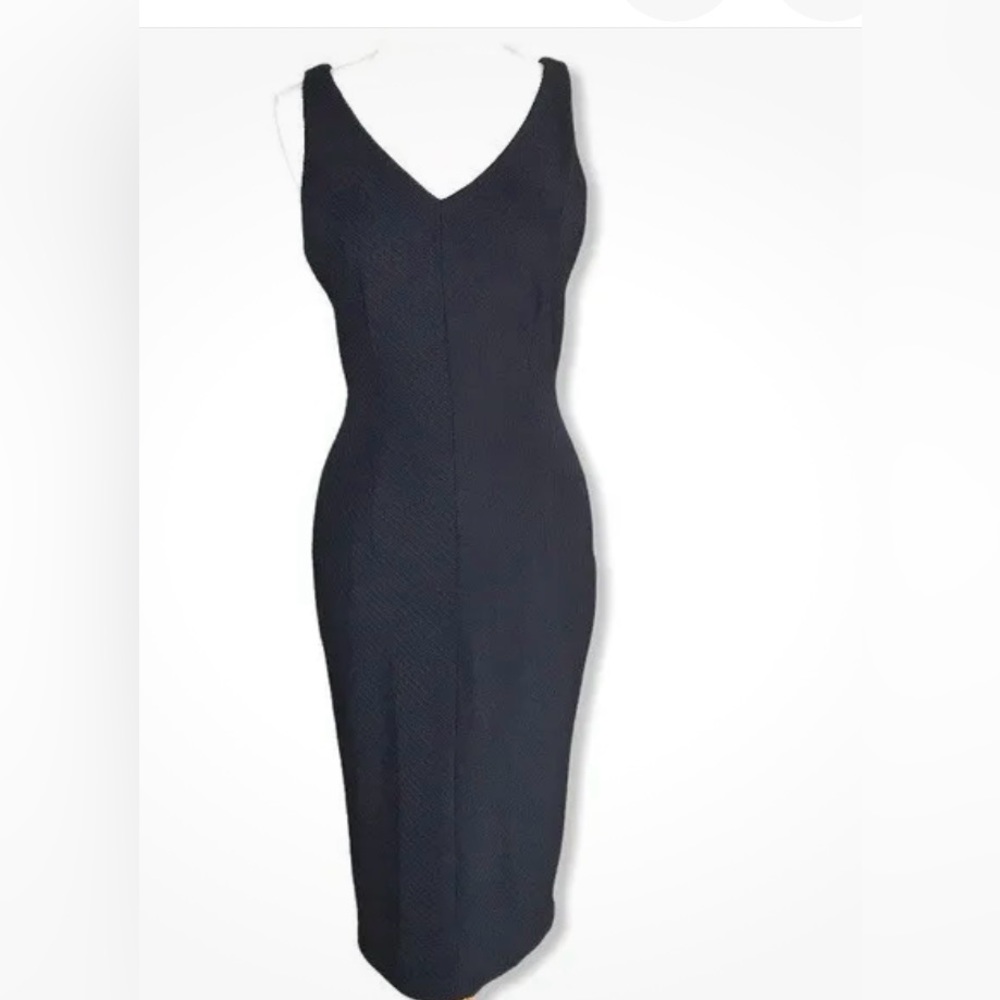 Metaphor Black Midi Body Con V Neck Dress, Size Large